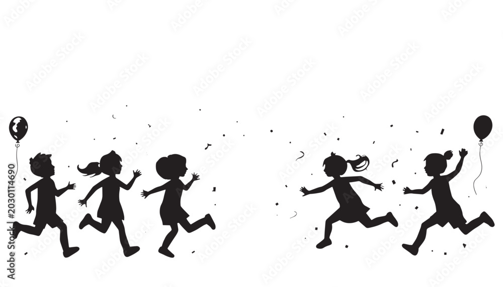 Obraz premium Happy Running Children Silhouette – Kids Playing Party Vector Illustration