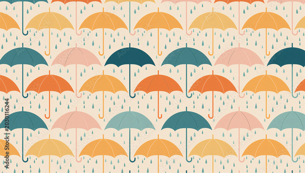 Obraz premium レトロポップな配色で傘と雨を描いた梅雨ポスターイラスト