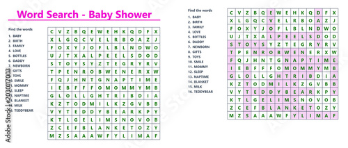 Foto Baby shower word search puzzle with highlighted words and clues