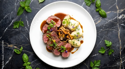 Top view of a professional gourmet dish featuring sliced tender meat, potato puree, and wild mushrooms with a dark glaze, presented on a white plate over black marble.