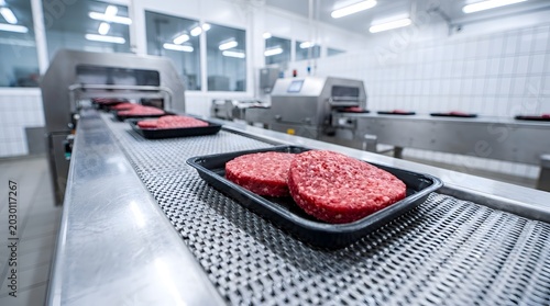 Industrial food production line featuring raw ground beef patties in black plastic trays moving along a stainless steel conveyor belt in a sterile meat processing facility