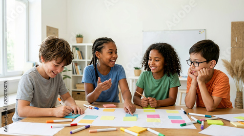 Diverse group of kids brainstorming ideas with sticky notes. Children collaborating on a creative project at a table