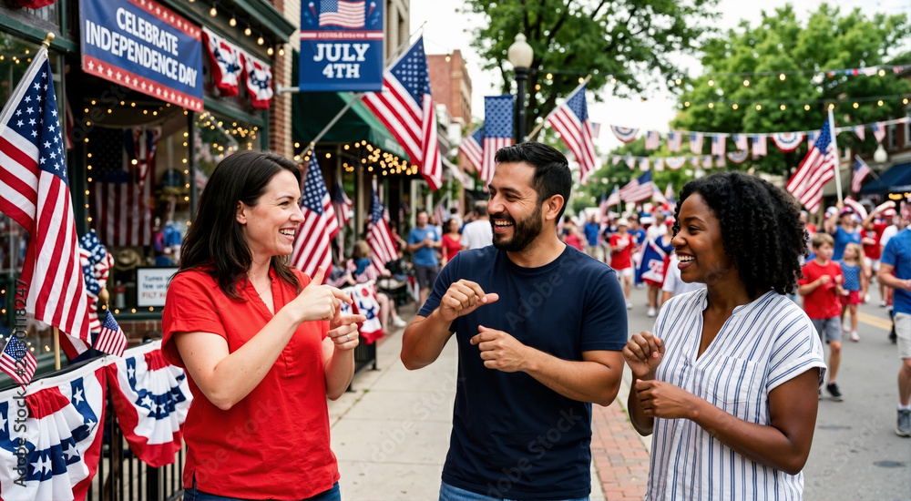 Fototapeta premium Diverse group of friends communicating with sign language on a decorated street. Deaf adults smiling and talking during a summer festival. July 4th Independence Day town celebration