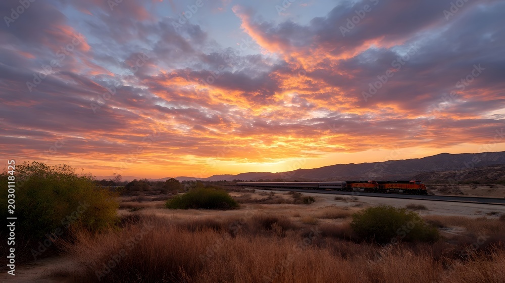 Obraz premium Dramatic sunset clouds paint the vast desert landscape with vibrant shades of orange pink and purple