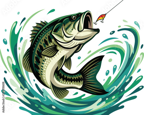 Photos Large mouth bass jumping out of water caught on fishing line with splash