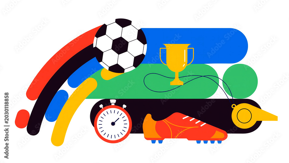 Fototapeta premium Colorful flat design illustration of soccer elements including trophy cleats and whistle ready for sports events