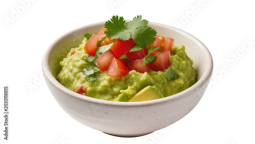 Fotografía Isolated bowl of fresh creamy guacamole topped with vibrant tomatoes and green c