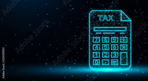 Glowing tax calculator graphic with a modern, futuristic design, set against a dark background with blue accents.