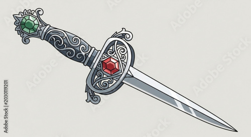 Cuadro en lienzo Ornate Dagger Illustration with Silver Hilt and Red Green Jewels, Isolated