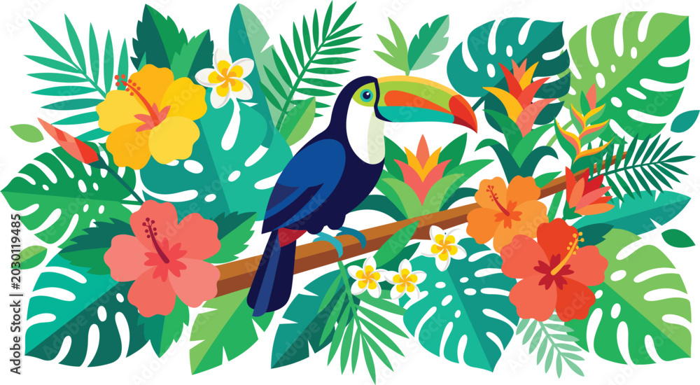 Naklejka premium Colorful toucan perched on branch amidst tropical foliage and vibrant flowers in jungle environment with exotic plants and leaves