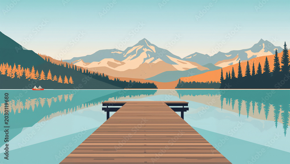 Fototapeta premium 青い湖と雪山と桟橋を描いた旅行向けのシンプル素材
