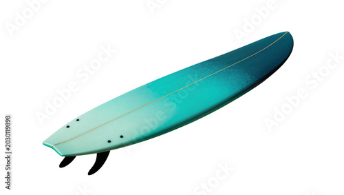 Photography Isolated modern surfboard with a teal blue green gradient and black fins for sum