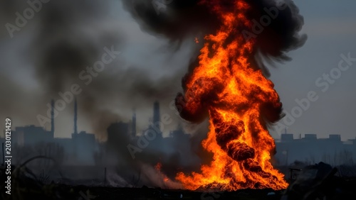 Fire erupts in a massive plume of thick black smoke rising above an industrial facility skyline.