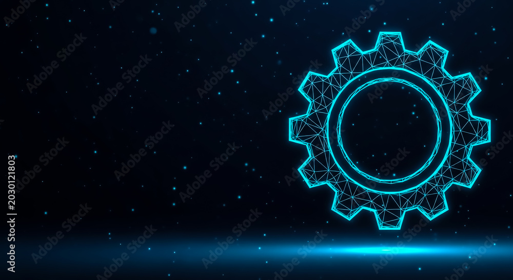 Obraz premium A glowing gear icon with a tech-inspired design on a dark background with scattered stars and a subtle blue horizon.