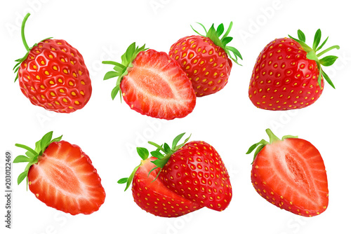 Strawberry isolated on white background. Fresh berry with full depth of field. Set or collection