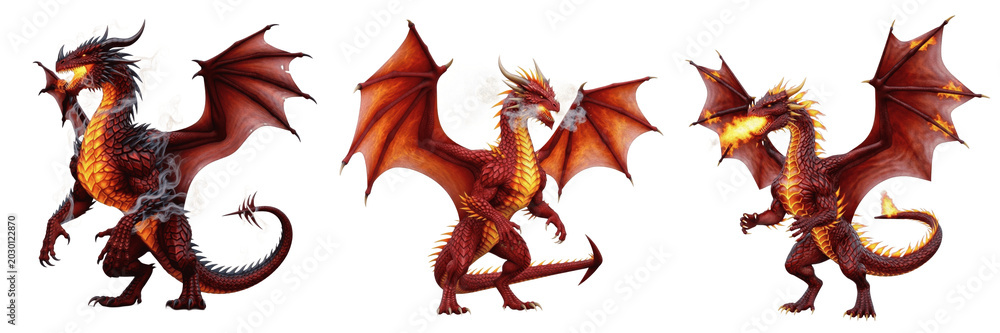 Fototapeta premium Fantasy Red Dragon Set Isolated on White Background High Resolution PNG Elements