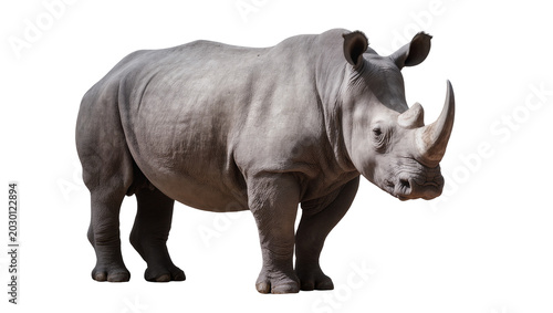 Foto Isolated large white rhinoceros standing, majestic and powerful African wild ani