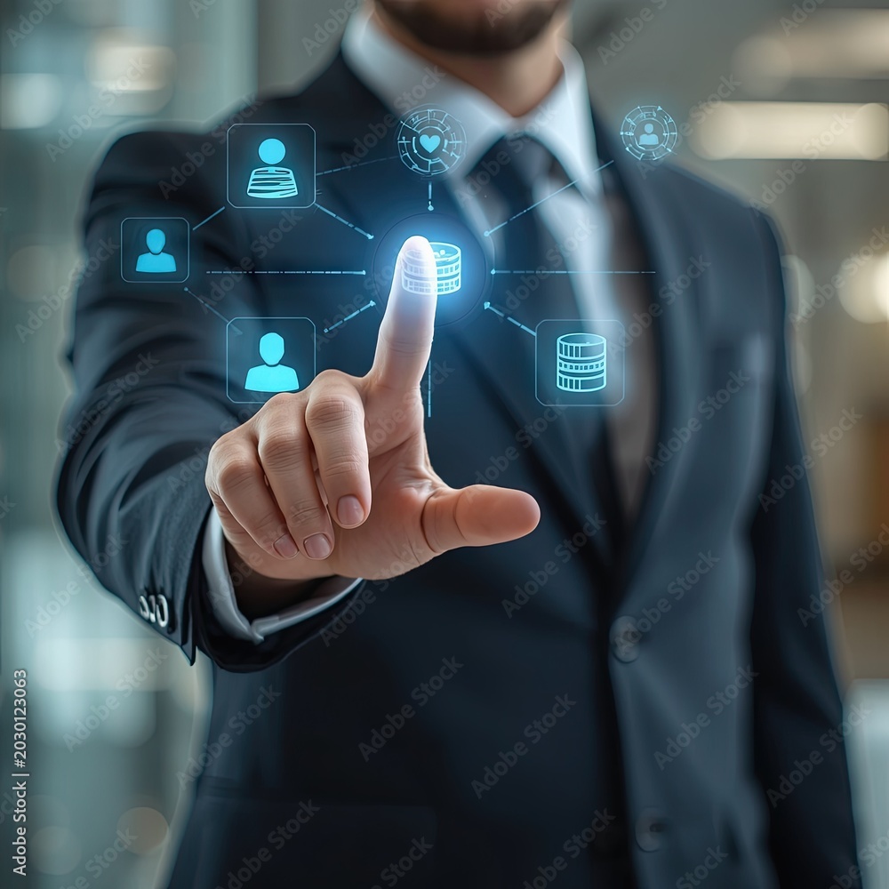 Obraz premium A businessman in a suit pointing at a glowing holographic user interface showing connected icons of people and data storage