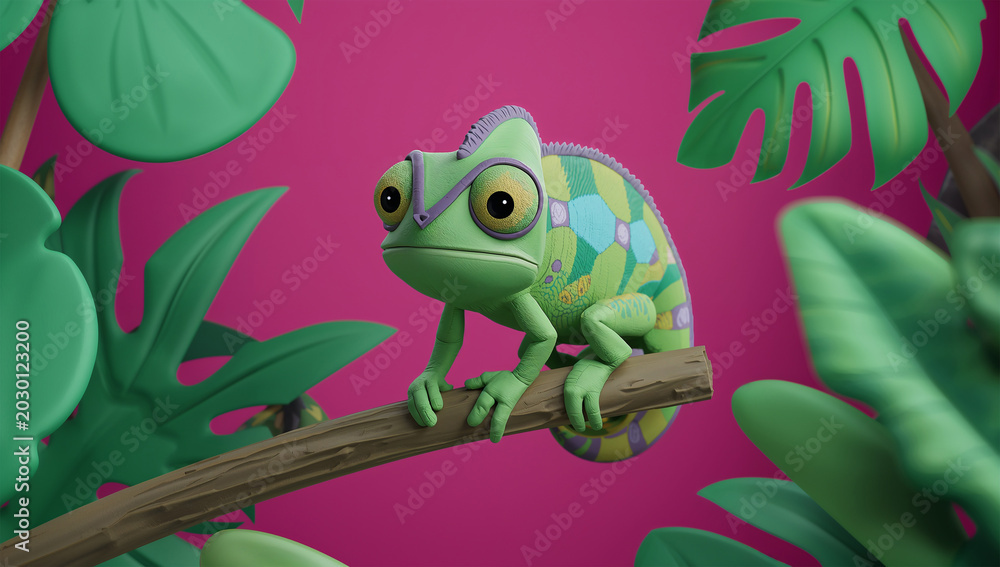 Fototapeta premium 熱帯の枝に座るかわいいカメレオンの3Dキャラクター素材