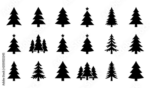 Foto Black spruce tree icon vector set with evergreen Christmas tree nature symbols E