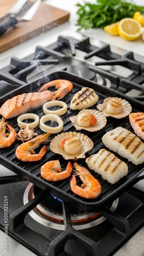 Seafood assortment including salmon fillets, prawns, scallops, and calamari rings sizzles on a hot cast iron grill pan.