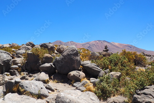 Photos Rocky desert landscape with volcanic boulders, dry shrubs and a stone cairn agai