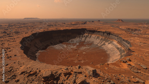 赤い火星の大地に巨大クレーターが広がる探査風景の3D素材