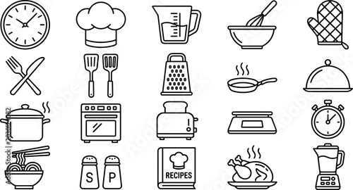 Foto Cooking, kitchen utensils, and culinary thin line icons set featuring chef hat, recipes book, oven, toaster, blender, scales, and restaurant food preparation elements