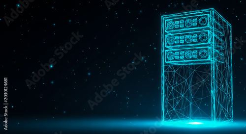 A 3D rendered image of a modern server rack with glowing lights and a wireframe effect, set against a dark, starry background.