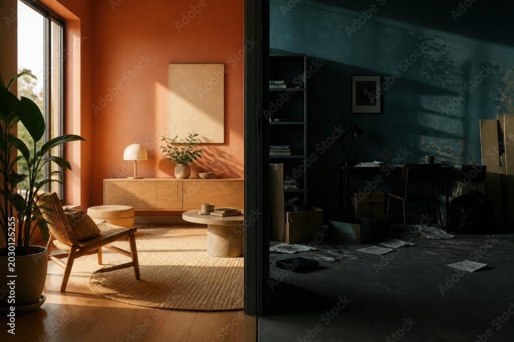 Fototapeta premium Split mood interior with warm cozy living room and dark creative workspace in dramatic contrasting light