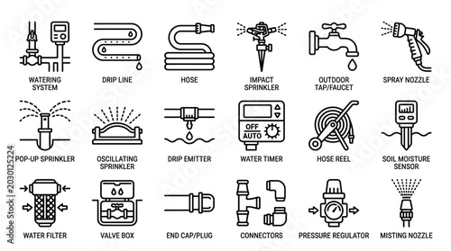 Watering System Irrigation Equipment Icon Set for Lawn and Garden