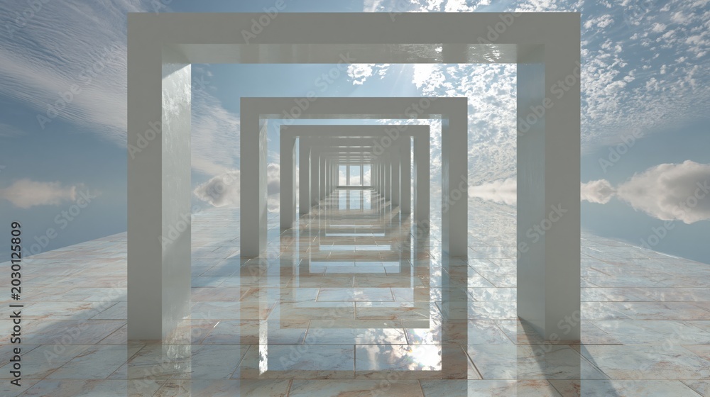 Fototapeta premium Endless white architectural arches creating a surreal, dreamlike corridor leading to a bright, distant light with reflective floors