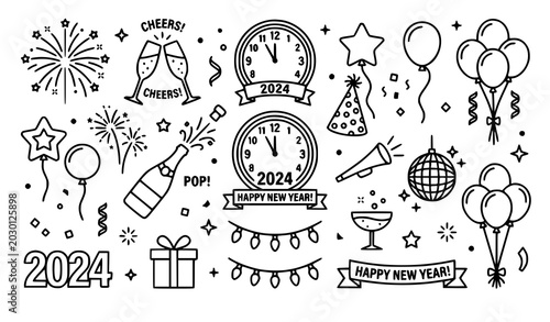 Photography New Year’s Eve icon set vector outline festive celebration symbols isolated on w