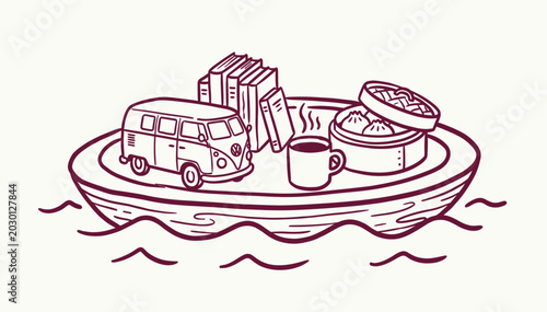 Foto Whimsical hand drawn illustration of a floating boat carrying books a van and st