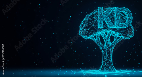A glowing digital tree with 'KD' letters in a modern, futuristic style stands against a dark, starry background. Conceptual representation of knowledge, growth, technology, or data.