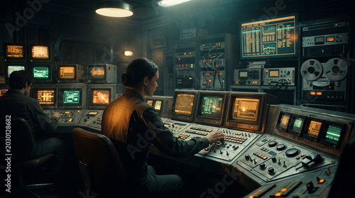 Retro futuristic control room interior with analog technology cinematic lighting and vintage sci fi atmosphere