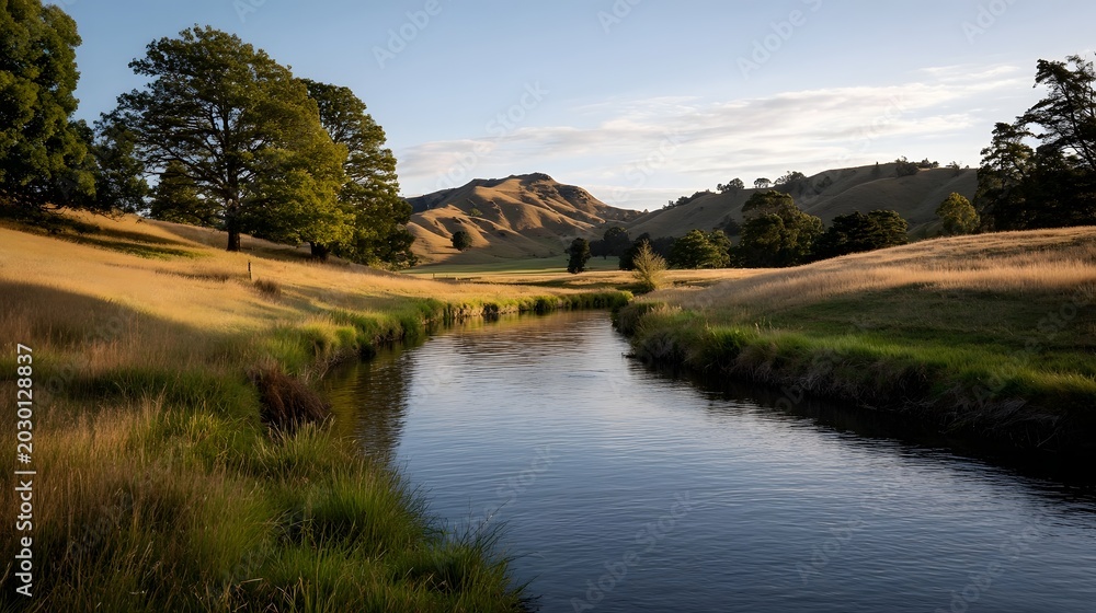 Obraz premium A tranquil landscape featuring rolling green hills trees and a flowing stream under soft morning light