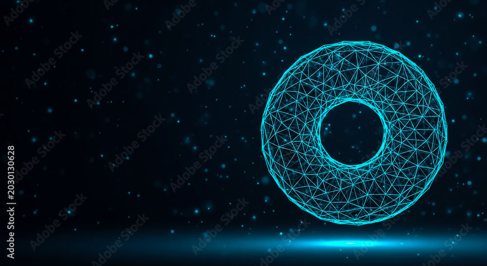 Obraz premium A glowing torus shape floating in dark space with abstract digital patterns and light reflections.