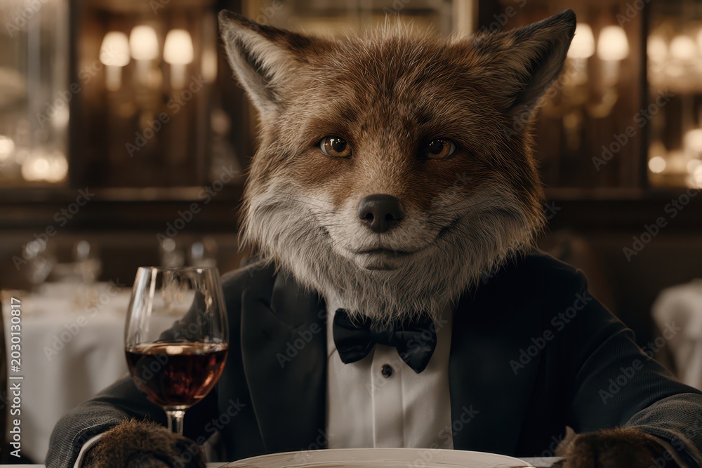 Obraz premium Anthropomorphic fox dressed in a tuxedo, holding a glass of red wine at a formal dinner table setting.