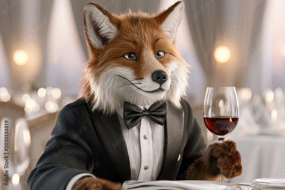 Obraz premium Sophisticated anthropomorphic fox in a tuxedo enjoying a glass of red wine at a formal dinner event.