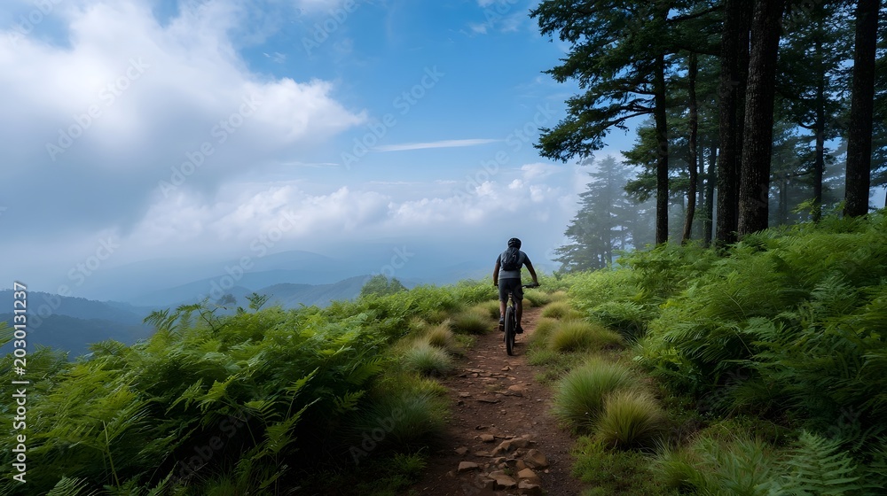Fototapeta premium A lone figure walks along a grassy hillside path through a scenic forested landscape under a bright cloudy sky