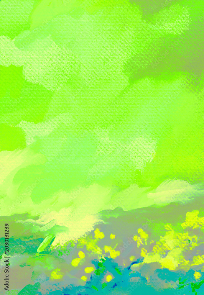 Fototapeta premium Impressionistic Sunshiny or Sunlit Sailboat Seascape Sailing Near Summer Flower Blooms on the Shoreline-Digital Art, Illustration, Painting in Cheerful Yellow, neon lime Green w/Paint & Canvas Texture