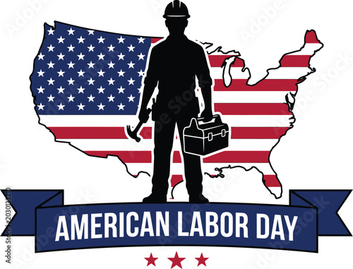 American labor day illustration with construction worker silhouette and usa map background patriotic design