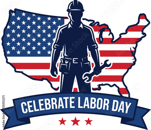 Labor day illustration with construction worker silhouette and american flag map patriotic holiday graphic