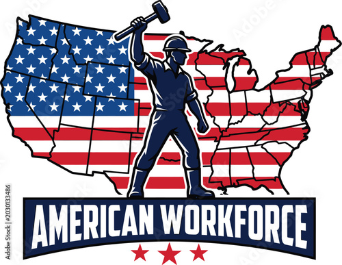 American workforce illustration construction worker silhouette with united states map background