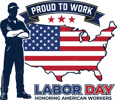 Labor day illustration with silhouette of worker and united states map patriotic design