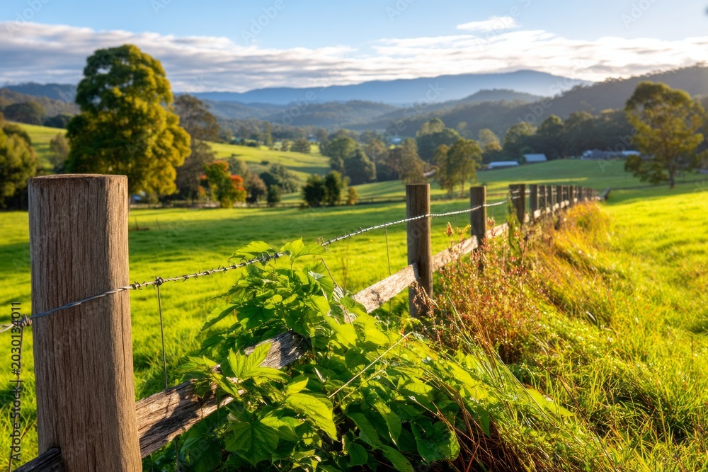 Fototapeta premium Soft Morning Rays Illuminating Australian Paddocks and Scenic Landscapes in Serene Rural Setting