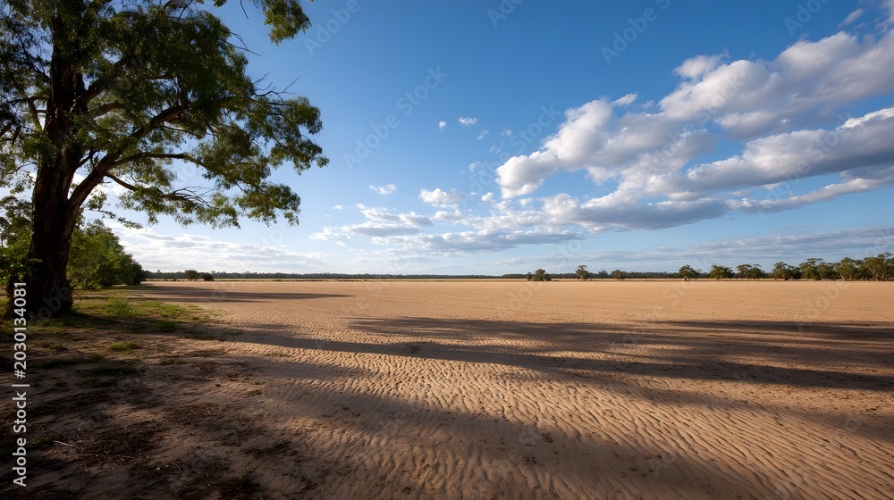 Fototapeta premium A solitary tree frames a vast expanse of bright blue sky and scattered white clouds over an open landscape