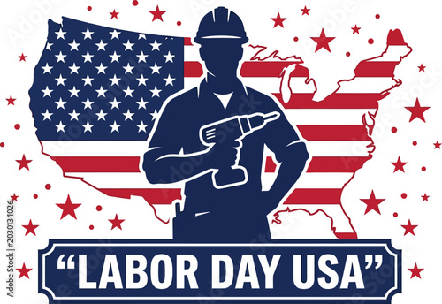 Labor day usa illustration construction worker with drill american flag and united states map