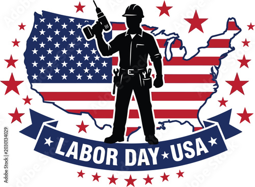 Labor day usa emblem featuring construction worker silhouette with american flag and stars background